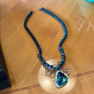 Bohemian Blue and Silver Beaded Necklace with Crystal Pendant